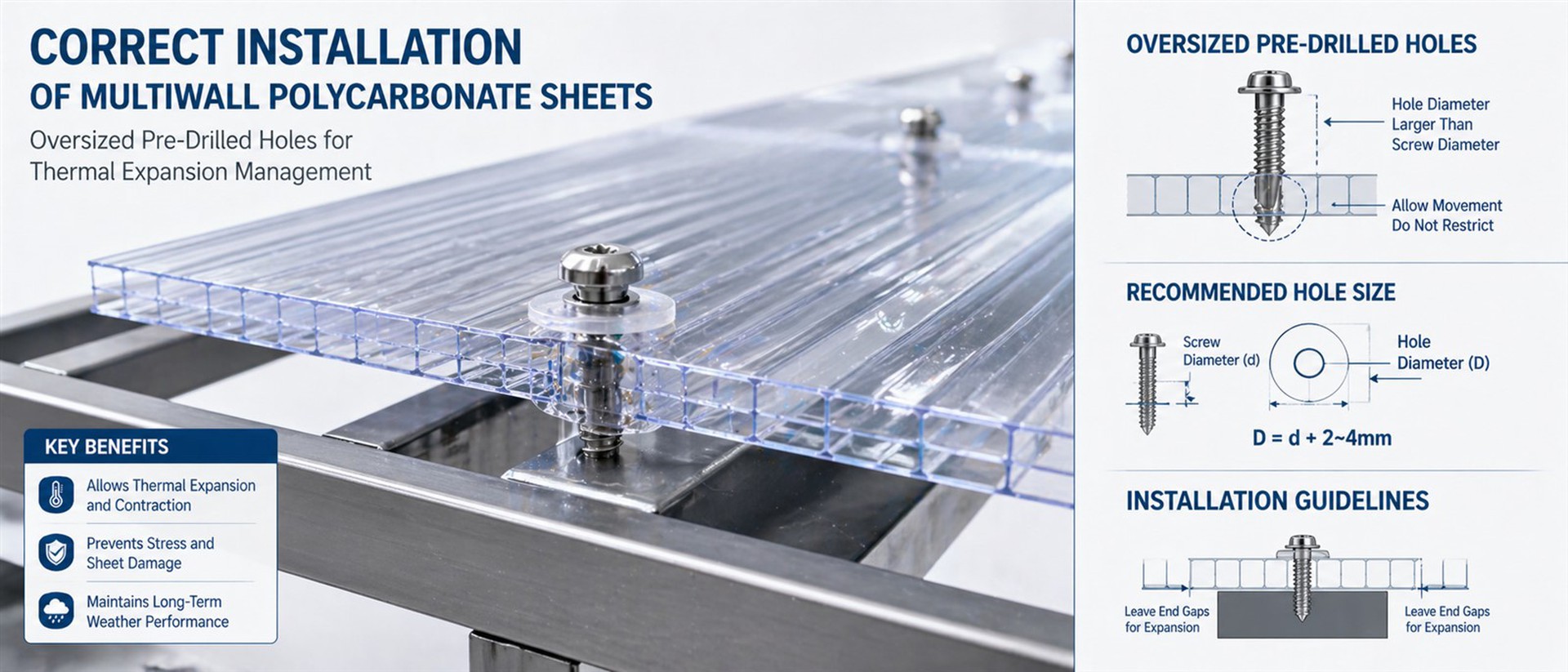 Correct installation of multiwall polycarbonate sheets with oversized pre-drilled holes for thermal expansion management Correct installation of multiwall polycarbonate sheets with oversized pre-drilled holes for thermal expansion management